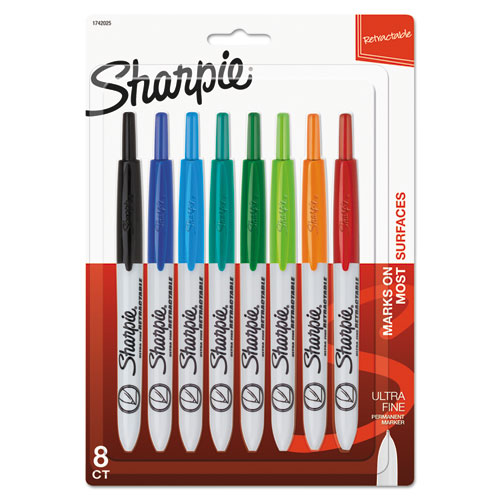 Image of Sharpie® Retractable Permanent Marker, Extra-Fine Needle Tip, Assorted Colors, 8/Set