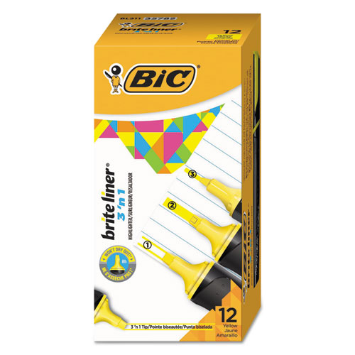 BIC® Brite Liner 3 'n 1 Highlighters, 3 'n 1 Tip, 3 Assorted, 1 set