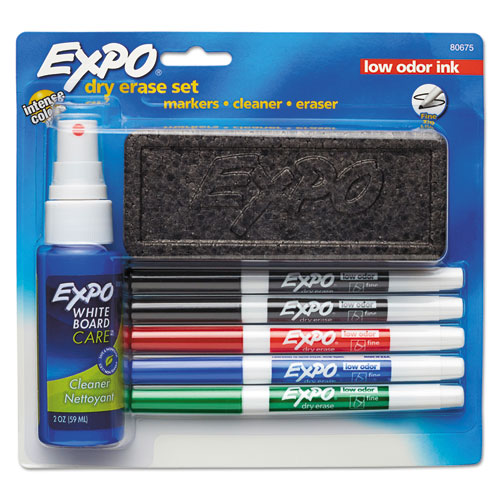 EXPO® Dry Erase Marker, Eraser and Cleaner Kit, Fine, 5 Assorted, 1 set