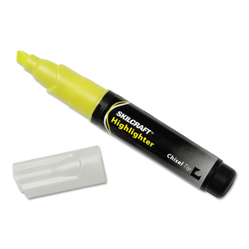 7520009044476 SKILCRAFT Large Fluorescent Highlighter, Fluorescent Yellow Ink, Chisel Tip, Black/Yellow Barrel, Dozen