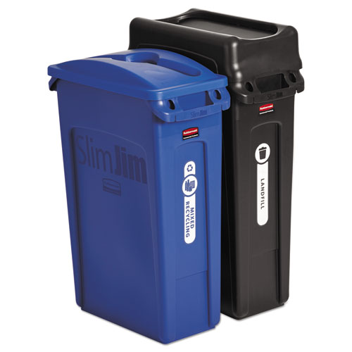 Rubbermaid® Commercial Slim Jim Recycling Container, Rectangular, 23 gal, Black/Blue