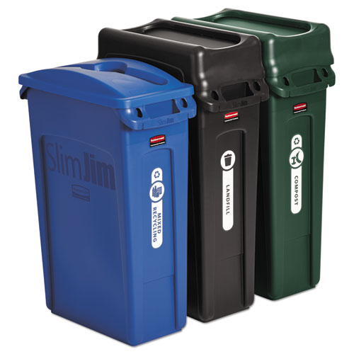 Rubbermaid® Commercial Slim Jim Recycling Container, Rectangular, 23 gal, Black/Blue/Green