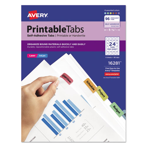 Avery® Printable Plastic Tabs With Repositionable Adhesive, 1/5-Cut, Assorted Colors, 1.25" Wide, 96/Pack