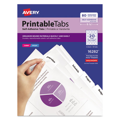 Avery® Printable Plastic Tabs With Repositionable Adhesive, 1/5-Cut, White, 1.75" Wide, 80/Pack