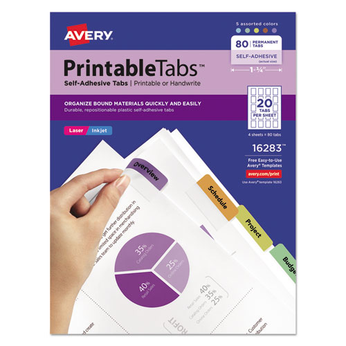Avery® Printable Plastic Tabs With Repositionable Adhesive, 1/5-Cut, Assorted Colors, 1.75" Wide, 80/Pack