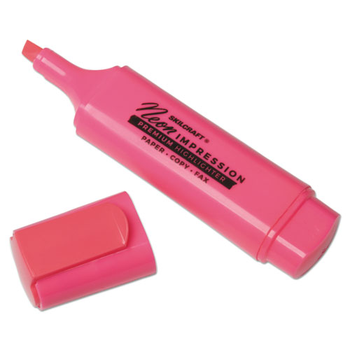 7520013519146 SKILCRAFT Flat Fluorescent Highlighter, Fluorescent Pink Ink, Chisel Tip, Pink Barrel, Dozen