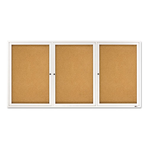 Enclosed Indoor Cork Bulletin Board with Three Hinged Doors, 72 x 36, Natural Surface, Silver Aluminum Frame