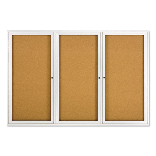Enclosed Indoor Cork Bulletin Board with Three Hinged Doors, 72 x 48, Tan Surface, Silver Aluminum Frame