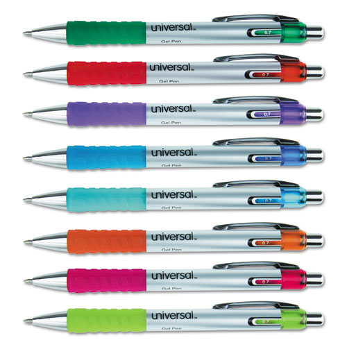 Comfort Grip Retractable Gel Pen, 0.7mm, Assorted Ink, Silver Barrel, 8/Set