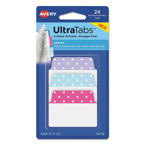 Avery® Ultra Tabs Repositionable Tabs, Dot Designs: 2" X 1.5", 1/5-Cut, Assorted Colors, 24/Pack
