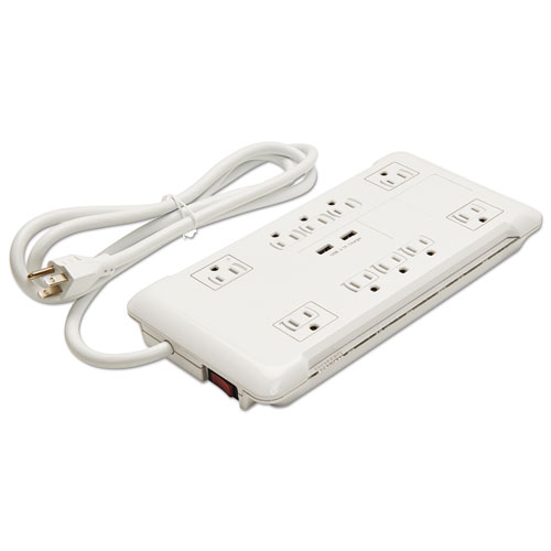 Slim Surge Protector, 10 Outlets/2 USB Charging Ports, 6 ft Cord, 2880 J, White