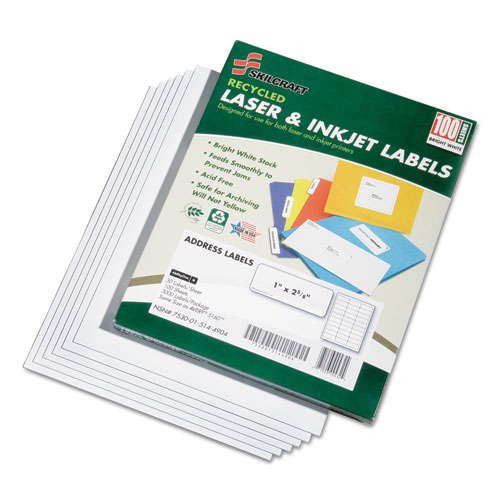 7530015144904 SKILCRAFT Recycled Laser and Inkjet Labels, Inkjet/Laser Printers, 1 x 2.63, White, 30/Sheet, 100 Sheets/Box