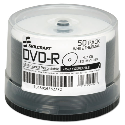 7045016582772, SKILCRAFT Laser Printable DVD-R, 4.7 GB, 16x, Spindle, White, 50/Pack