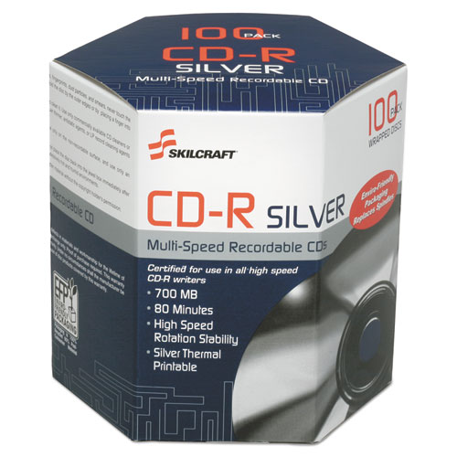 7045016582773, SKILCRAFT Thermal Printable CD-R, 700 MB/80 min, 52x, Box, Silver, 100/Pack