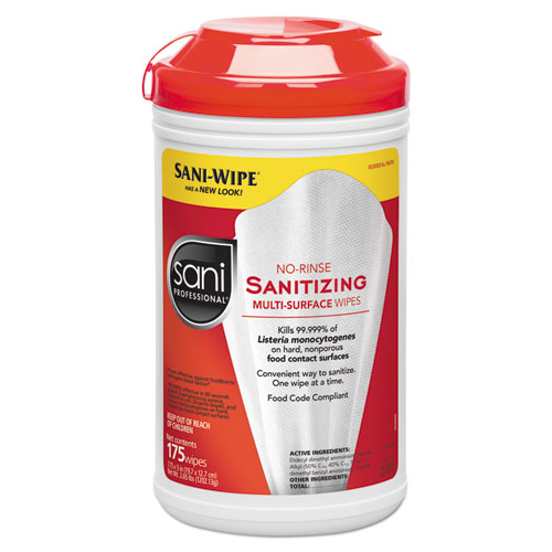 No-Rinse Sanitizing Multi-Surface Wipes, White, 175/Container, 6/Carton