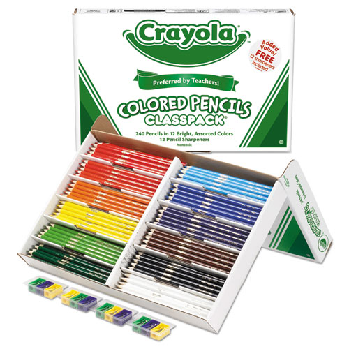 Color Pencil Classpack Set with (240) Pencils and (12) Pencil Sharpeners, 3.3 mm, 2B, Assorted Lead and Barrel Colors, 240/BX
