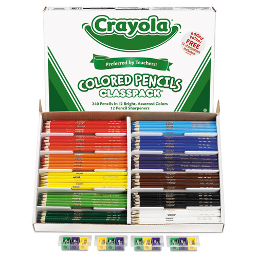 Color Pencil Classpack Set with (240) Pencils and (12) Pencil Sharpeners, 3.3 mm, 2B, Assorted Lead and Barrel Colors, 240/BX