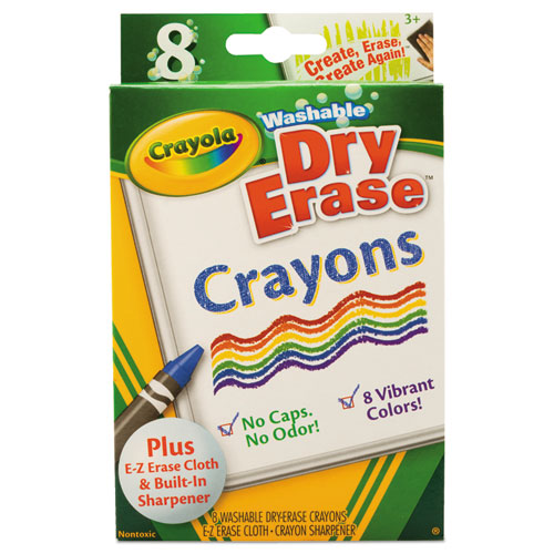 Crayola® Washable Dry Erase Crayons w/E-Z Erase Cloth, Assorted Colors, 8/Pack