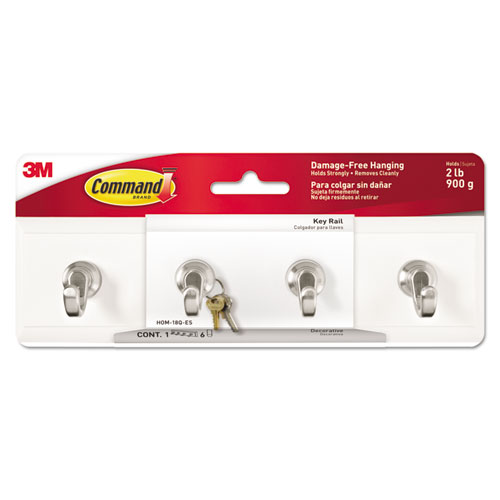 Command™ Decorative Key Rail, 8w x 1 1/2d x 2 1/8h White/Silver, 4 Hooks/Pack