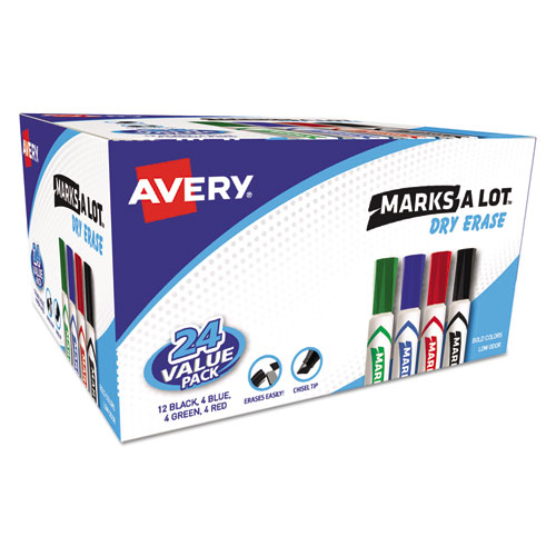 Avery® MARK A LOT Desk-Style Dry Erase Marker, Chisel Tip, Assorted, 24/Pack