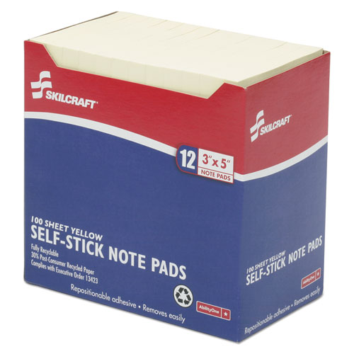 7530011167865 SKILCRAFT Self-Stick Note Pads, 3 x 5, Unruled, Yellow, 100 Sheets, Dozen