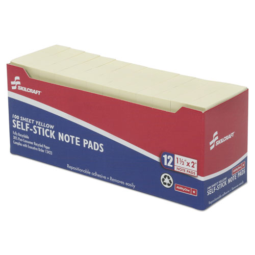 7530011167866 SKILCRAFT Self-Stick Note Pads, 1 1/2 x 2, Unruled, Yellow, 100 Shts, Dozen