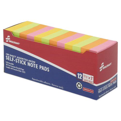 7530013857560 SKILCRAFT Self-Stick Note Pads, 1 1/2 x 2, Unruled, Neon, 100 Sheets, 12/PK
