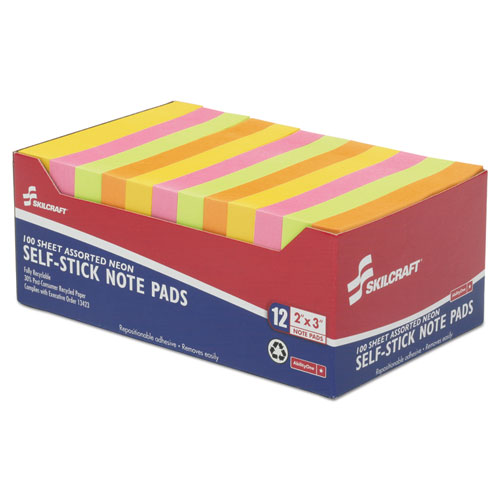 7530013930103 SKILCRAFT Self-Stick Note Pads, Assorted Neon Colors, Dozen