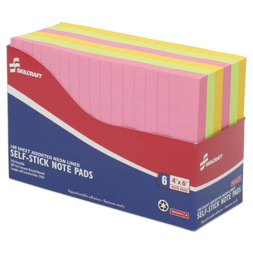 7530014181212 SKILCRAFT Self-Stick Note Pads, Note Ruled, 4" x 6", Assorted Neon Colors, 100 Sheets/Pad, 6 Pads/Pack