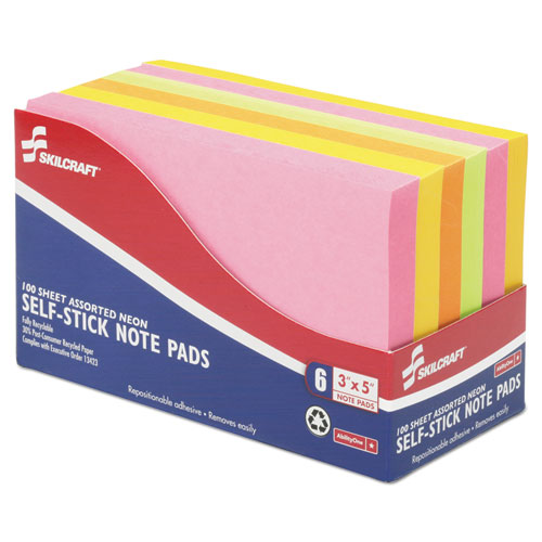 7530014181420 SKILCRAFT Self-Stick Note Pads, 3" x 5", Assorted Neon Colors, 100 Sheets/Pad, 6 Pads/Pack