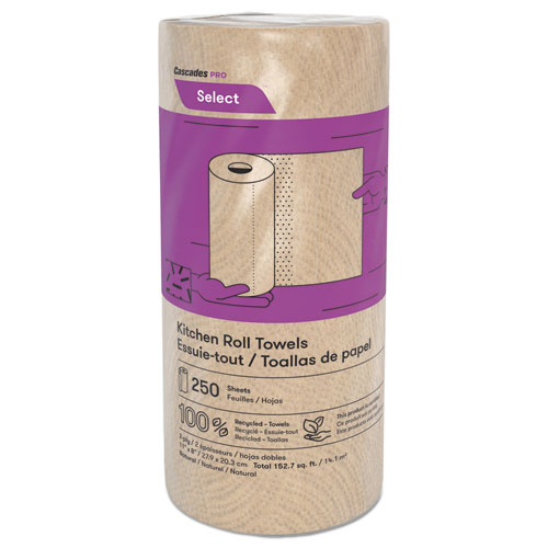 Cascades Pro Select Kitchen Roll Towels, 2-Ply, 11" X 166.6 Ft, Natural, 250/Roll, 12/Carton