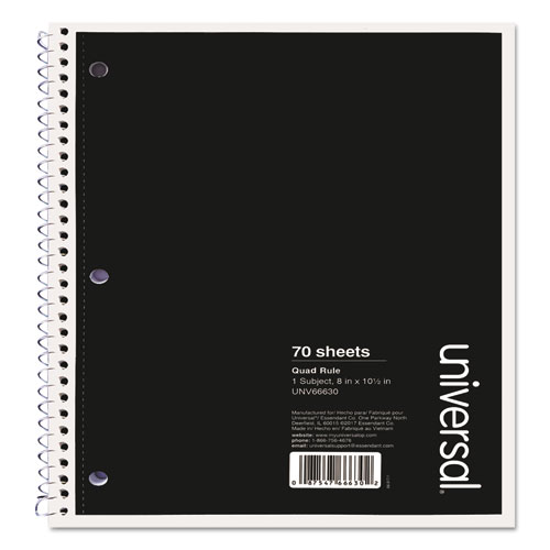 Universal® Wirebound Notebook, 1-Subject, Quadrille Rule (4 Sq/In), Black Cover, (70) 10.5 X 8 Sheets