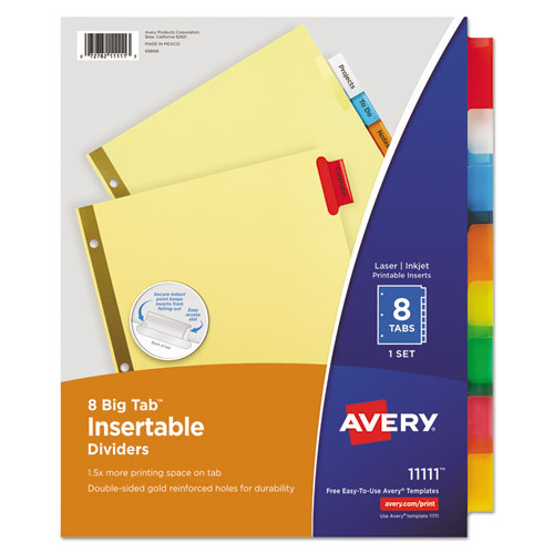 Avery® Insertable Big Tab Dividers, 8-Tab, Double-Sided Gold Edge Reinforcing, 11 X 8.5, Buff, Assorted Tabs, 1 Set