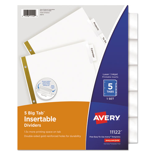 Avery® Insertable Big Tab Dividers, 5-Tab, Double-Sided Gold Edge Reinforcing, 11 X 8.5, White, Clear Tabs, 1 Set