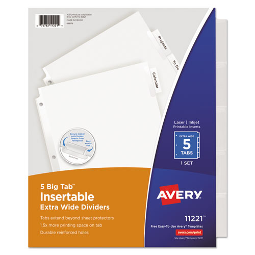 Image of Avery® Insertable Big Tab Dividers, 5-Tab, Single-Sided Copper Edge Reinforcing, 11.13 X 9.25, White, Clear Tabs, 1 Set