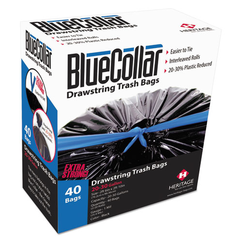 BlueCollar Drawstring Trash Bags, 30 gal, 1 mil, 30" x 34", Black, 20 Bags/Roll, 2 Rolls/Box