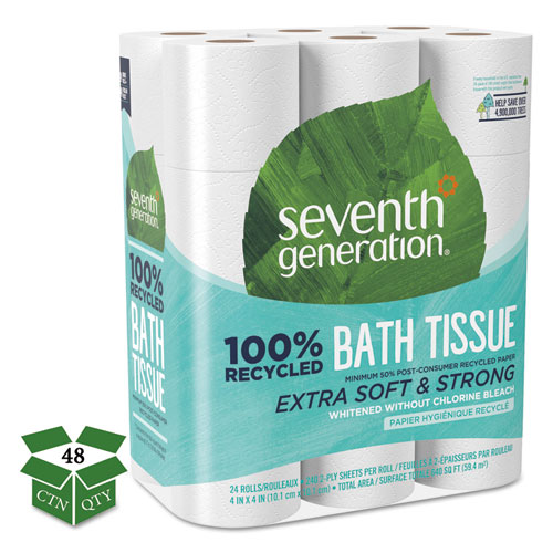 100 Recycled Bathroom Tissue, Septic Safe, 2-Ply, White, 240 Sheets/Roll, 24/Pack, 2 Packs/Carton