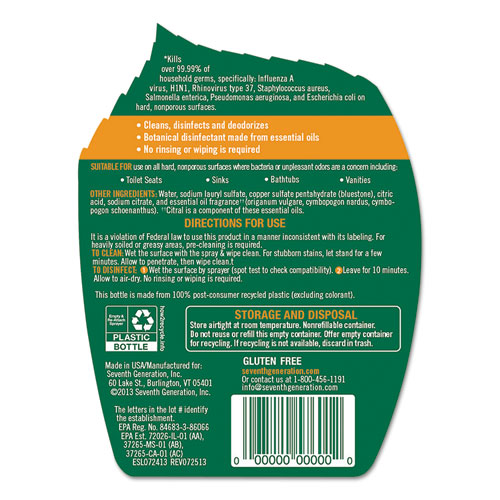 Botanical Disinfecting Cleaner Spray, Lemongrass Citrus, 26oz Bottle, 8/ctn