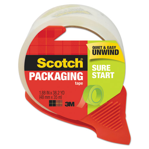 Sure Start Packaging Tape with Dispenser, 3" Core, 1.88" x 38.2 yds, Clear | by Plexsupply