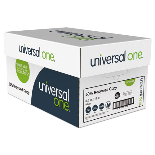 Universal® 50% Recycled Copy Paper, 92 Bright, 20 lb Bond Weight, 8.5 x 11, White, 500 Sheets/Ream, 10 Reams/Carton