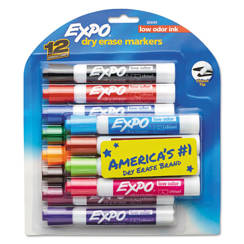 Image of Expo® Low-Odor Dry-Erase Marker, Broad Chisel Tip, Assorted Colors, 12/Set