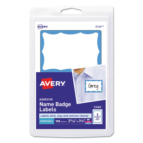 Image of Printable Adhesive Name Badges, 3.38 x 2.33, Blue Border, 100/Pack