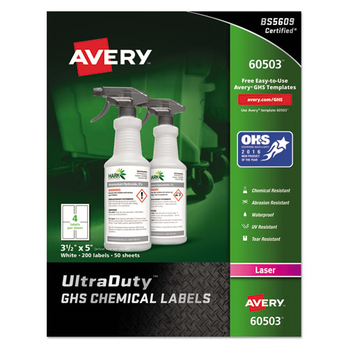 ULTRADUTY GHS CHEMICAL WATERPROOF AND UV RESISTANT LABELS, 3.5 X 5, WHITE, 4/SHEET, 50 SHEETS/BOX
