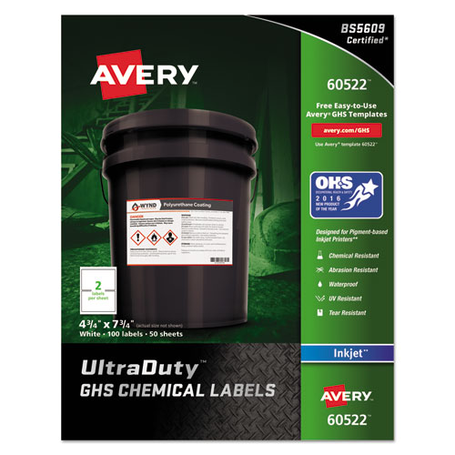 ULTRADUTY GHS CHEMICAL WATERPROOF AND UV RESISTANT LABELS, 4.75 X 7.75, WHITE, 2/SHEET, 50 SHEETS/PACK