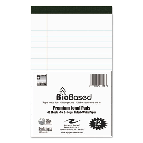 USDA BIO-PREFERRED LEGAL PAD, WIDE/LEGAL RULE, 5 X 8, WHITE, 40 SHEETS, 12/PACK