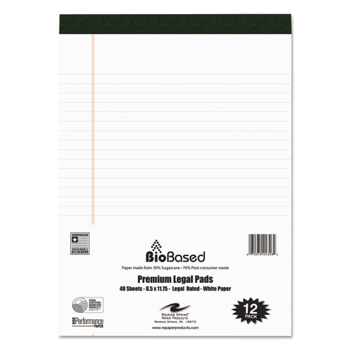 Roaring Spring® USDA Certified Bio-Preferred Legal Pad, Wide/Legal Rule, 40 White 8.5 x 11.75 Sheets, 12/Pack