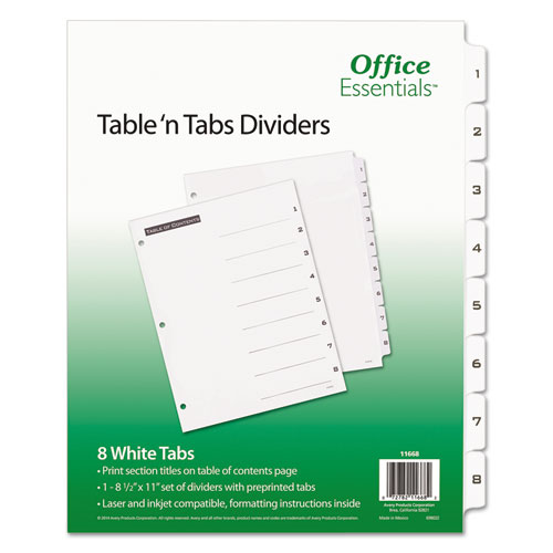 Table 'n Tabs Dividers, 8-Tab, 1 to 8, 11 x 8.5, White, White Tabs, 1 Set