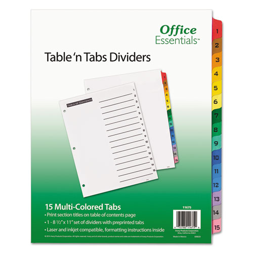 Table 'n Tabs Dividers, 15-Tab, 1 to 15, 11 x 8.5, White, Assorted Tabs, 1 Set