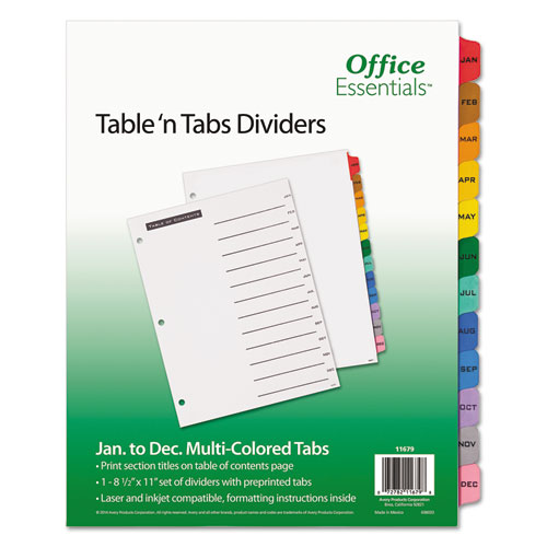Table 'n Tabs Dividers, 12-Tab, Jan. to Dec., 11 x 8.5, White, Assorted Tabs, 1 Set