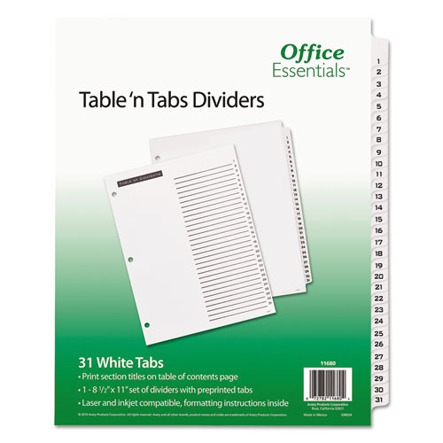 Image of Office Essentials™ Table 'N Tabs Dividers, 31-Tab, 1 To 31, 11 X 8.5, White, White Tabs, 1 Set